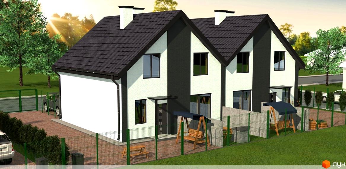 Зовнішній вигляд двоповерхових будинків житлового комплексу КМ Резиденція Тетіїва з темним дахом та світлими стінами, прибудинкова територія з парканом, гойдалкою та деревами.