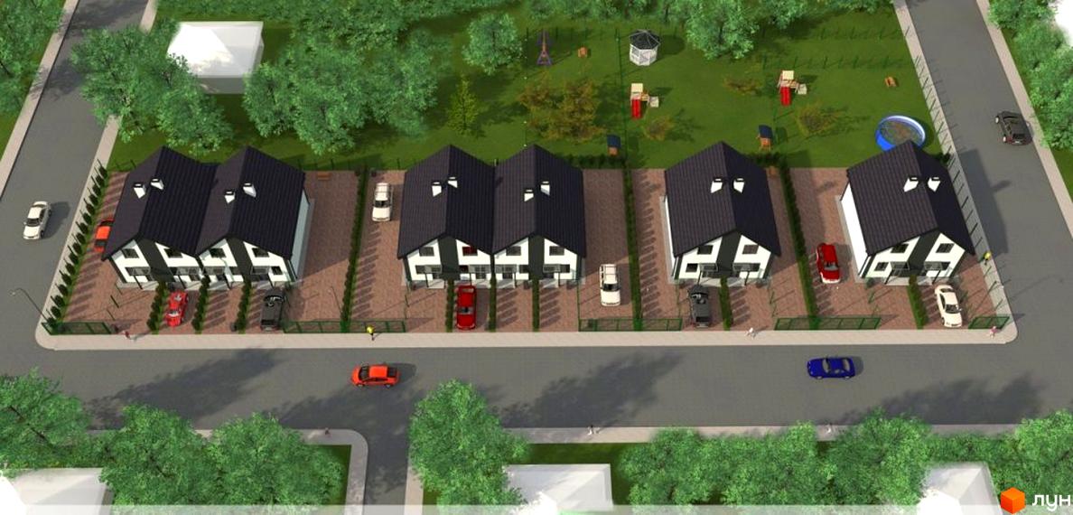 Котеджне містечко КМ Резиденція Тетіїва з сучасними будинками та доглянутою прибудинковою територією. На зображенні видно зелені насадження та зони відпочинку.