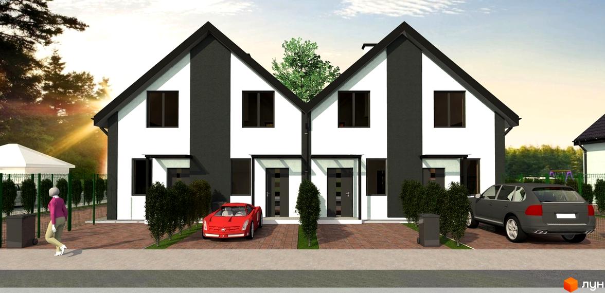 Котеджне містечко КМ Residence Тетіїв: фасади будинків з чорно-білим оздобленням та прибудинкова територія з автомобілями та зеленими насадженнями.