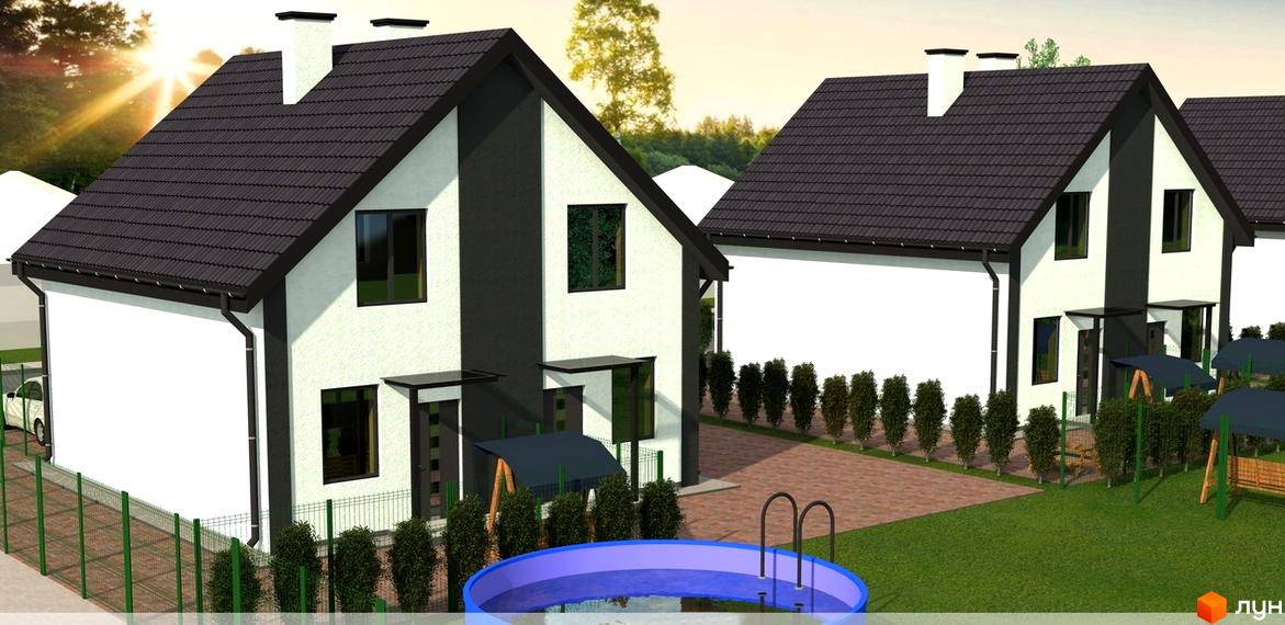 Котеджне містечко КМ Резиденція Тетіїва: двоповерхові будинки з темним дахом та білими стінами, зелений паркан, басейн та дитячий майданчик.