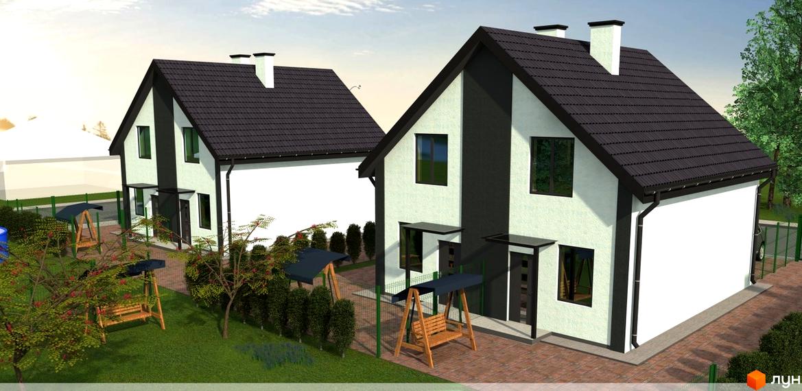 Котеджне містечко КМ Residence Тетіїв. Два двоповерхові будинки з темним дахом та світлими фасадами, біля них дитячий майданчик з гойдалками та зелені насадження.