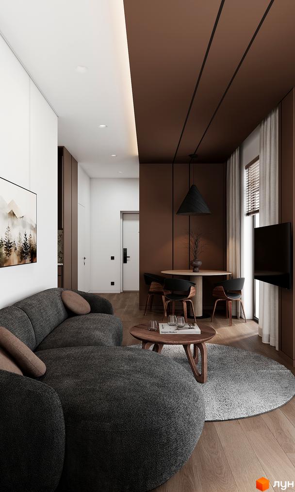 Інтер'єр вітальні з диваном, журнальним столиком та обідньою зоною в ЖК GRONO Family Residence. Сучасний дизайн та функціональне планування.