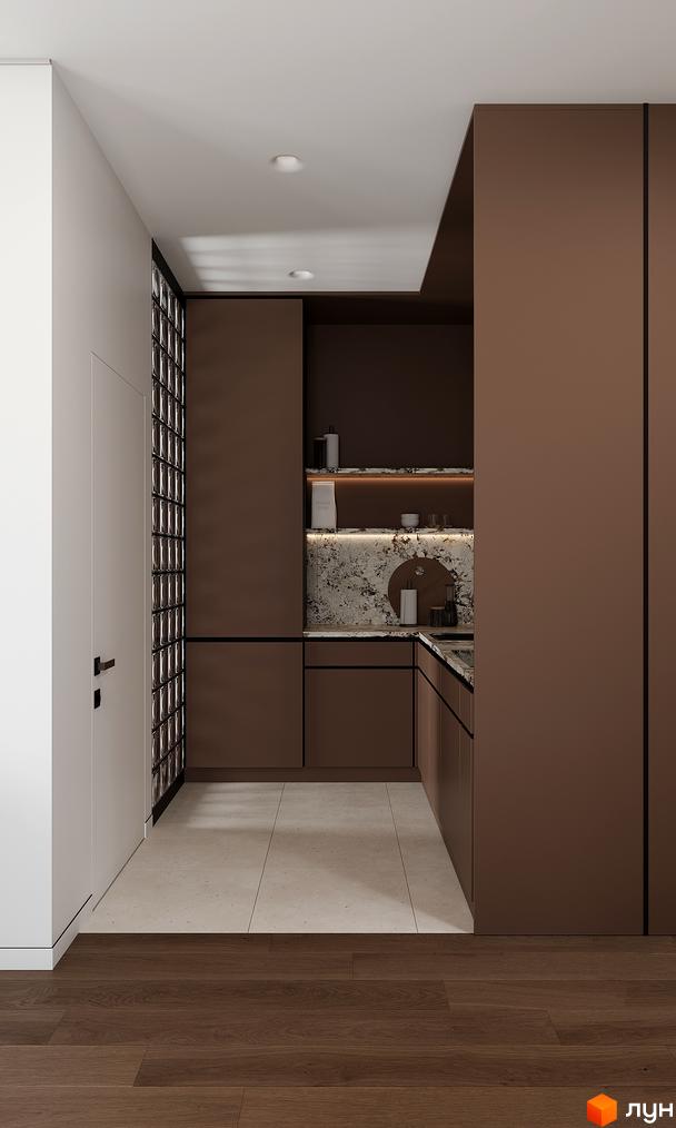 Інтер'єр кухні в ЖК GRONO Family Residence з коричневими фасадами та світлою плиткою на підлозі. Візуалізація новобудови.