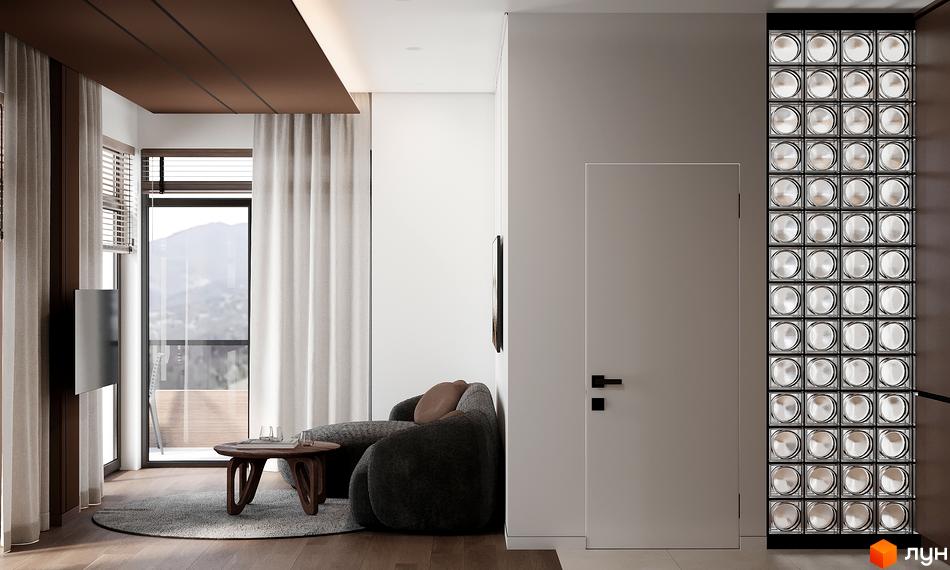 Інтер'єр вітальні ЖК GRONO Family Residence з диваном, журнальним столиком та панорамними вікнами. Декоративна стіна з цегли.