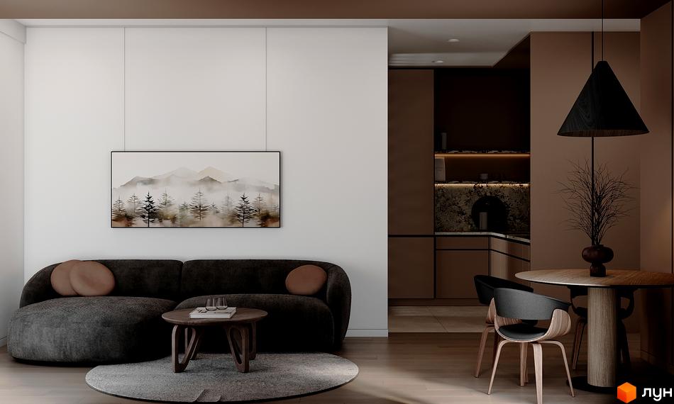 Сучасний дизайн вітальні з диваном та картиною з гірським пейзажем. ЖК GRONO Family Residence – комфортне життя у новобудові.