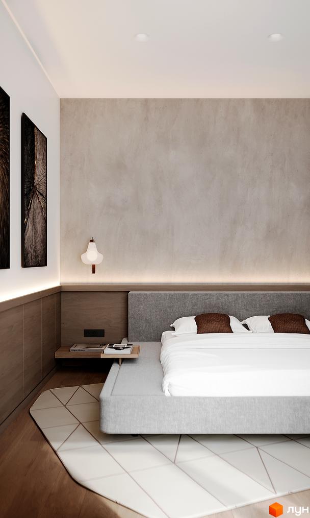 Інтер'єр спальні в ЖК GRONO Family Residence з ліжком, тумбою та картинами на стіні. Сучасний дизайн та затишна атмосфера.