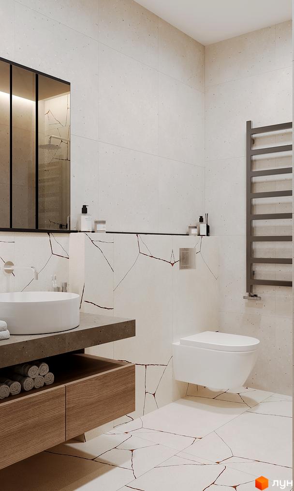 Сучасна ванна кімната з білою плиткою та дерев'яними елементами. ЖК GRONO Family Residence - комфортне житло для вашої родини.