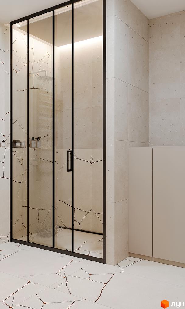 Сучасна душова кабіна з чорним профілем та скляними дверцятами у ванній кімнаті з плиткою під мармур. GRONO Family Residence – ваш новий дім.