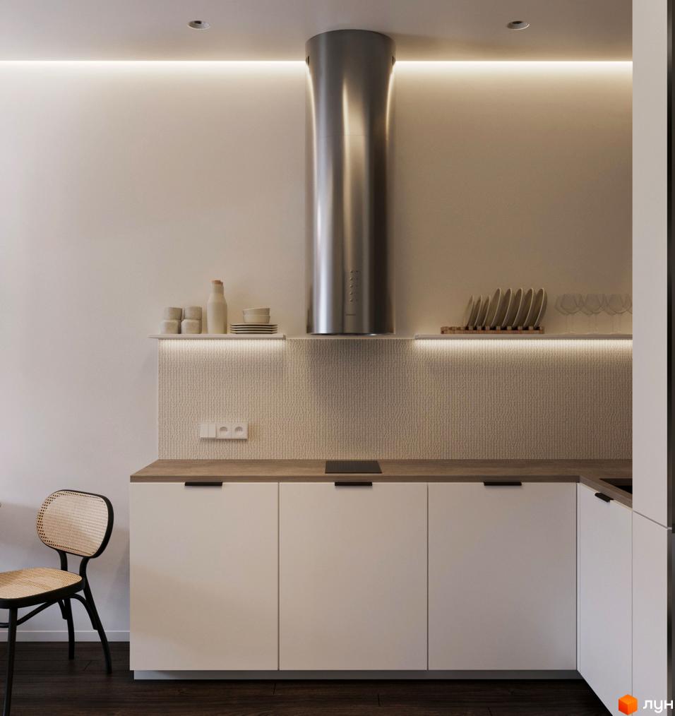 Сучасна кухня з білими фасадами та дерев'яною стільницею. На полиці стоять посуд та келихи, над ними витяжка. Поруч стоїть стілець з плетеним сидінням.