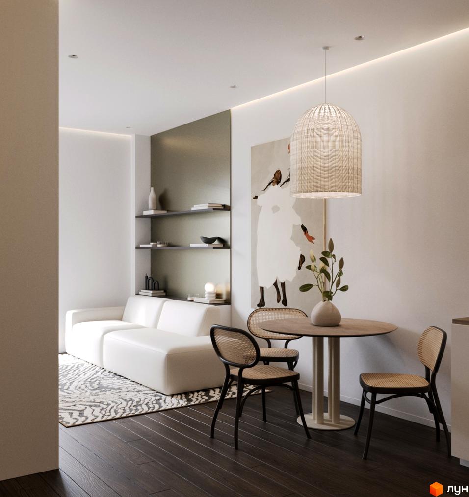 Інтер'єр вітальні ЖК GRONO Family Residence з диваном, круглим столом та стільцями, картиною на стіні та плетеним світильником.