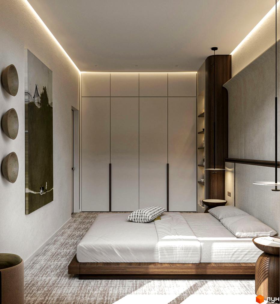 Дизайн спальні в ЖК GRONO Family Residence з великою шафою-купе, двоспальним ліжком та приліжковими тумбами. Сучасний інтер'єр з натуральними матеріалами та приглушеним освітленням.