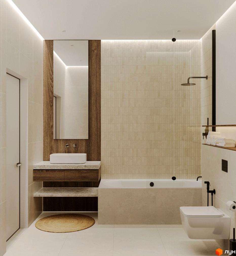 Сучасний дизайн ванної кімнати в світлих тонах з дерев'яними акцентами та вбудованою сантехнікою. Простора душова кабіна та окремо стояча ванна створюють комфорт.