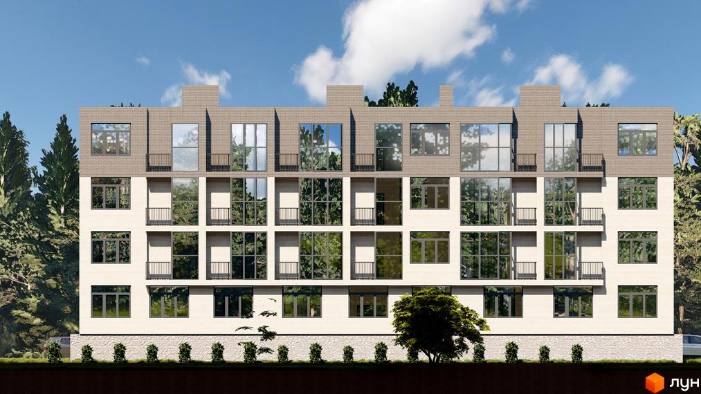 Фасад житлового комплексу ЖК ППС з великими вікнами та балконами, оточений деревами. Навколо будинку висаджені кущі та видно частину дороги.