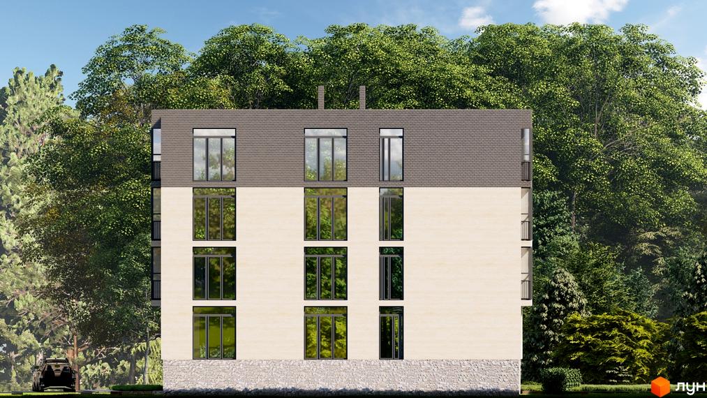 Фасад новобудови ЖК ППС з великими вікнами та балконами, оточений зеленню дерев та кущів. На передньому плані видно частину автомобіля.