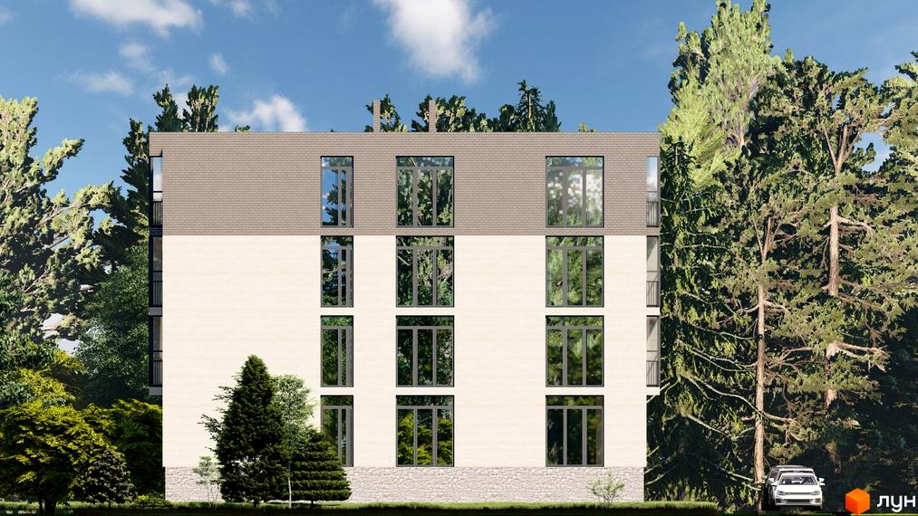 Фасад житлового комплексу ППС з великою кількістю вікон та цегляною обробкою верхнього поверху, оточений зеленню та деревами. Поруч видно припаркований автомобіль.