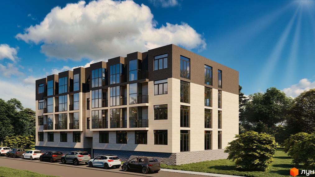 Зовнішній вигляд житлового комплексу ППС з великою кількістю вікон та балконів. На прибудинковій території розташовані дерева та припарковані автомобілі.