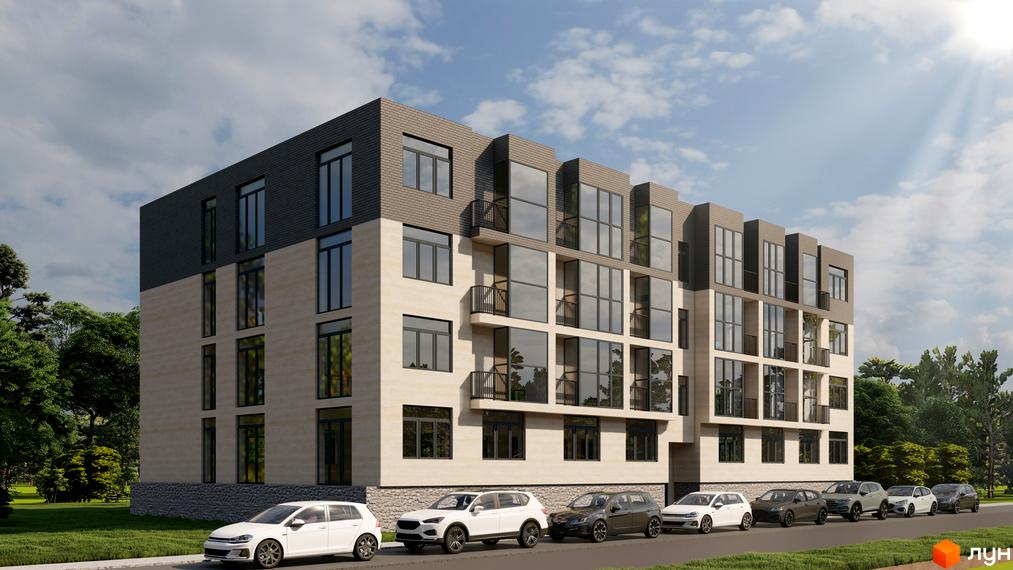 Житловий комплекс ППС з фасадом з світлої плитки та темними елементами, з великими вікнами та балконами. Перед будинком розташована дорога з припаркованими автомобілями та зелена зона.