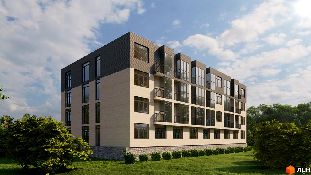 Будівельний проєкт ЖК ППС: сучасна багатоповерхова будівля з великими вікнами та балконами, оточена зеленою галявиною та деревами.