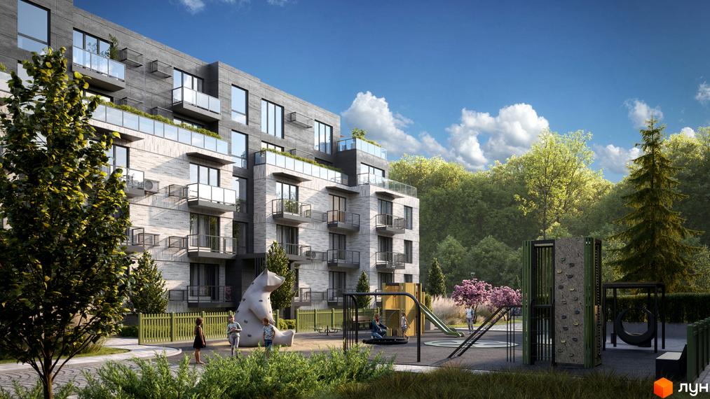 Житловий комплекс FAMILY PARK APARTMENS з цегляним фасадом та балконами, дитячим майданчиком з гіркою та скеледромом.