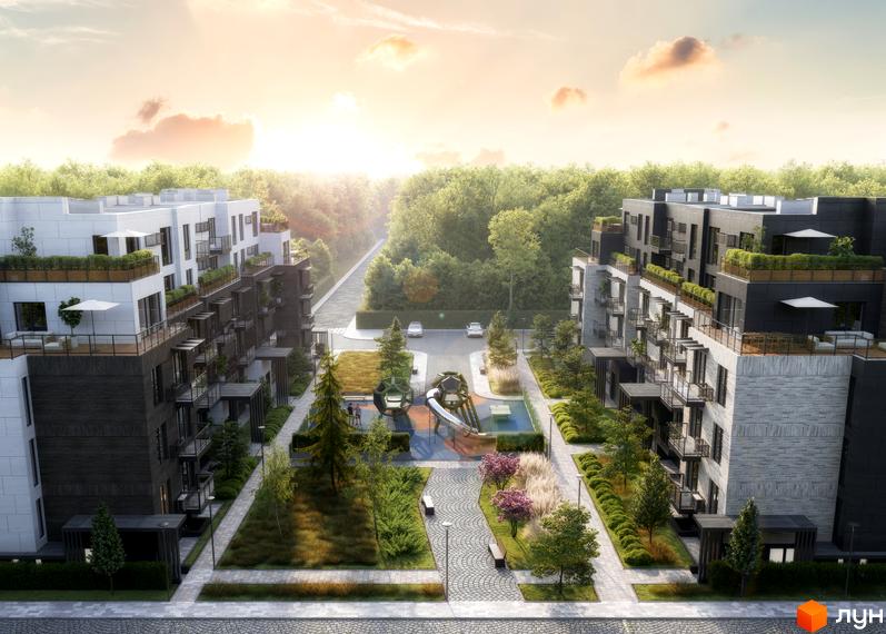 Житловий комплекс FAMILY PARK APARTMENS з сірими та білими фасадами, балконами та терасами, дитячим майданчиком та зеленими зонами.