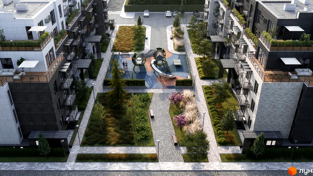 Зовнішній вигляд новобудови ЖК FAMILY PARK APARTMENTS з дитячим майданчиком та зеленими зонами. Сучасний житловий комплекс з балконами та терасами.