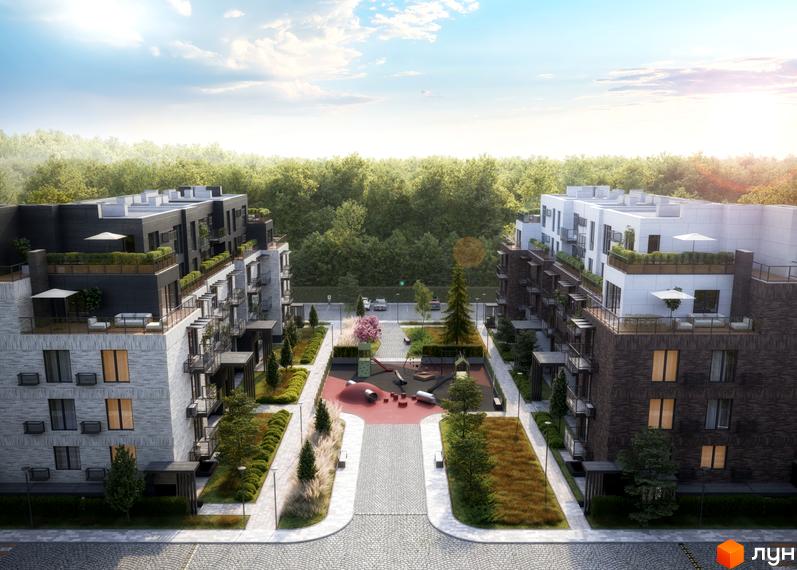 Зовнішній вигляд житлового комплексу FAMILY PARK APARTMENS з дитячим майданчиком та зеленими зонами. Новобудова з балконами та терасами на тлі лісу.