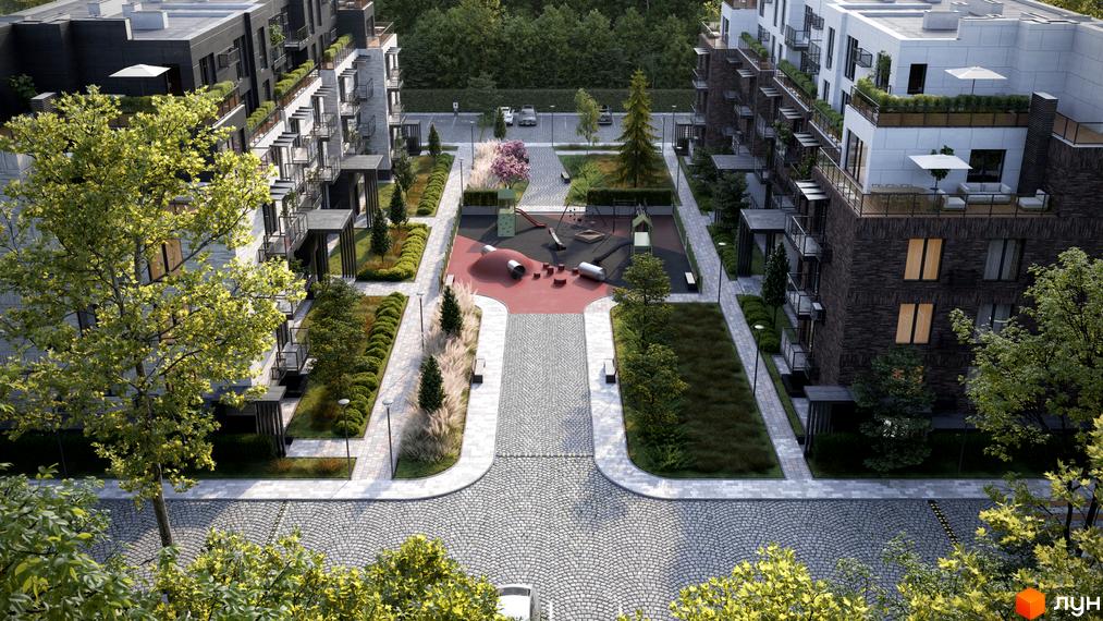 Житловий комплекс FAMILY PARK APARTMENS з сучасними фасадами та просторою прибудинковою територією з дитячим майданчиком та зонами відпочинку.