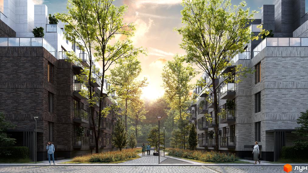 Житловий комплекс FAMILY PARK APARTMENS. Сучасна архітектура з цегляним фасадом та просторими балконами, оточена зеленню та доглянутою прибудинковою територією.