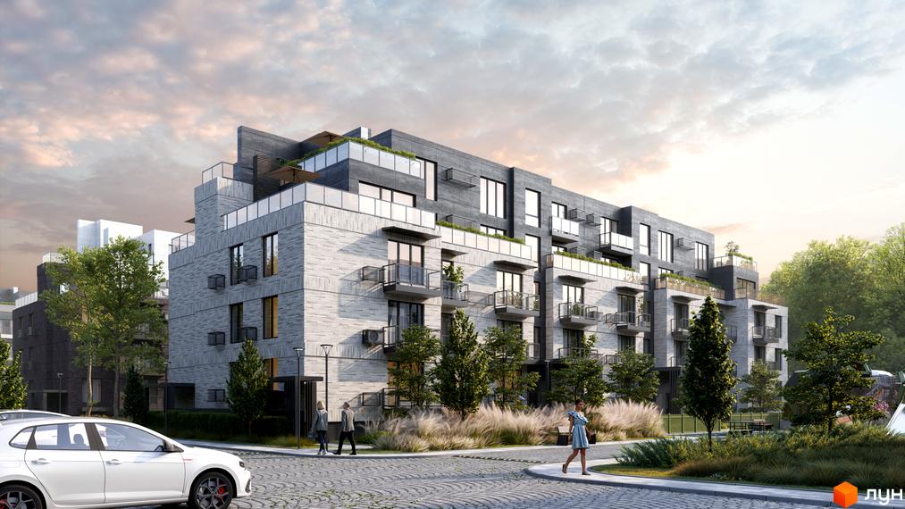 Житловий комплекс FAMILY PARK APARTMENS. Зовнішній вигляд новобудови з цегляним фасадом, балконами та зеленими зонами навколо.