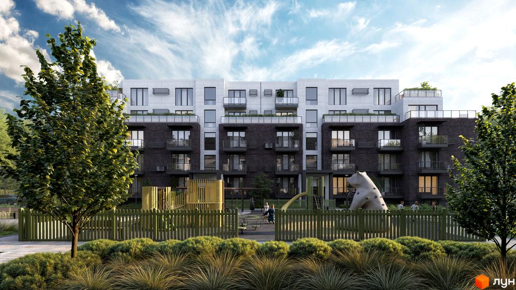 Житловий комплекс FAMILY PARK APARTMENS з фасадом з темної цегли та білих панелей, дитячим майданчиком та зеленою огорожею.