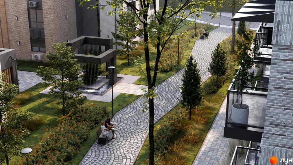 Житловий комплекс FAMILY PARK APARTMENS з доглянутою прибудинковою територією, фонтаном та місцями для відпочинку. Сучасна архітектура та зелені зони для комфортного життя.