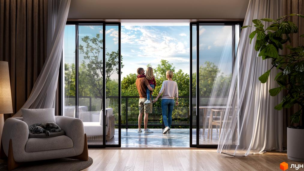 Житловий комплекс FAMILY PARK APARTMENS. Сім'я насолоджується краєвидом з балкона на зелену зону та блакитне небо.