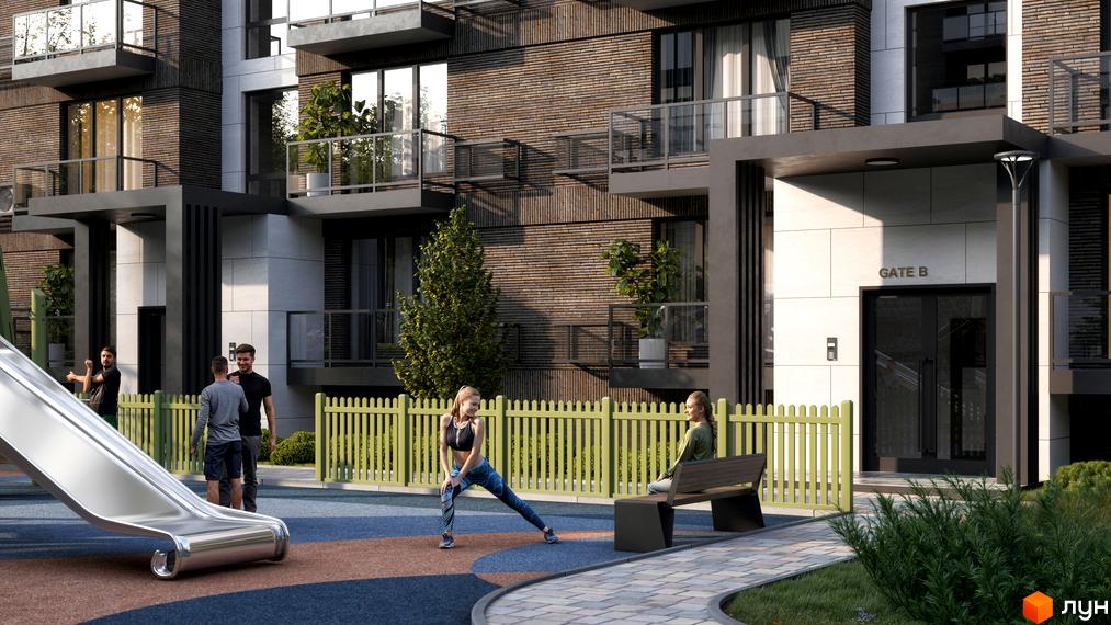 Житловий комплекс FAMILY PARK APARTMENS з цегляним фасадом та дитячим майданчиком. На території комплексу розташований дитячий майданчик з гіркою та лавкою.