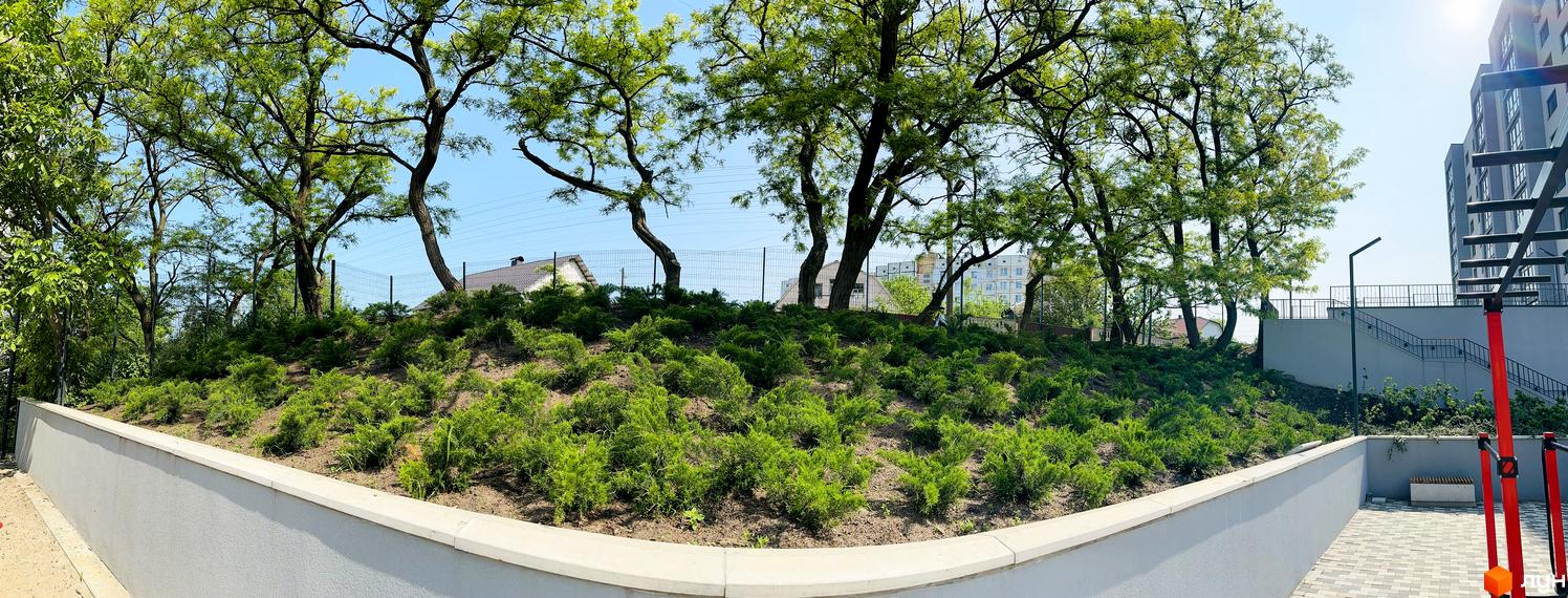 Багатоповерховий житловий комплекс Соборний з сірим фасадом. Прибудинкова територія має зелені насадження, спортивний майданчик та сходи.