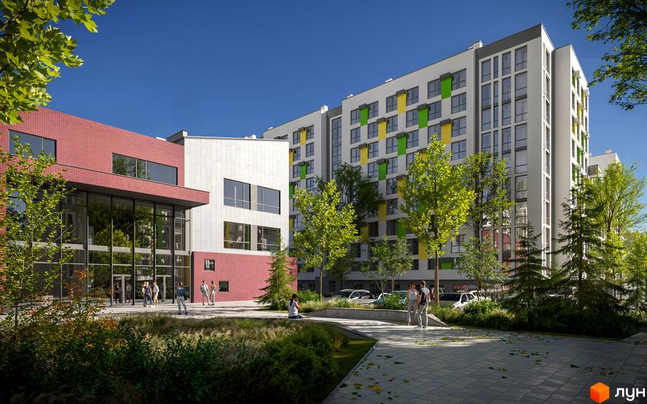 Новобудова ЖК Софіївка з червоної та білої цегли, з яскравими зеленими та жовтими елементами на фасаді. На прибудинковій території зелені насадження та місця для відпочинку.