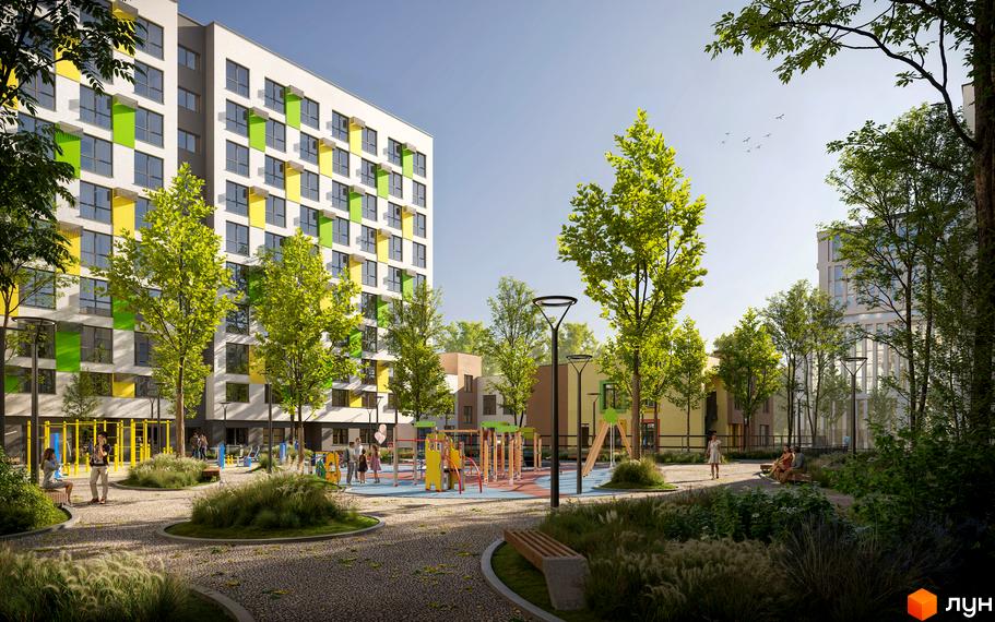 Житловий комплекс Софіївка: фасади будинків з яскравими елементами та дитячий майданчик з зеленими деревами.