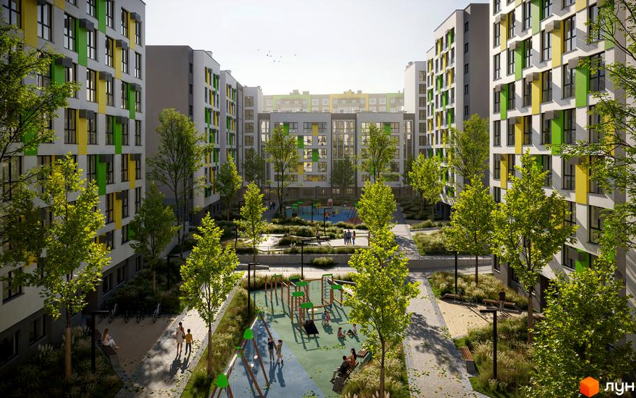 Житловий комплекс Софіївка з яскравими фасадами та дитячими майданчиками. Зелена територія з деревами та зонами відпочинку для мешканців.