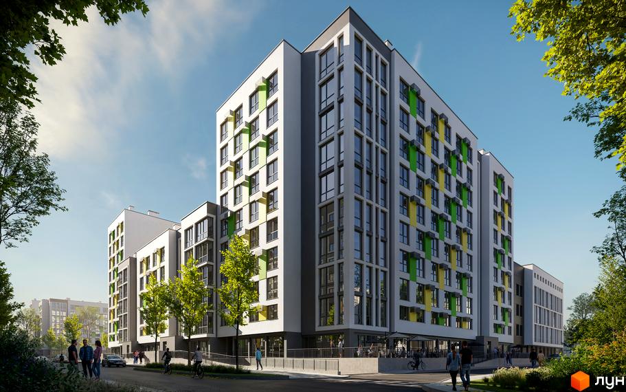 Сучасний житловий комплекс Софіївка з яскравими фасадами та великою кількістю вікон. Навколо комплексу зелені дерева та доглянута прибудинкова територія з пішохідними доріжками.