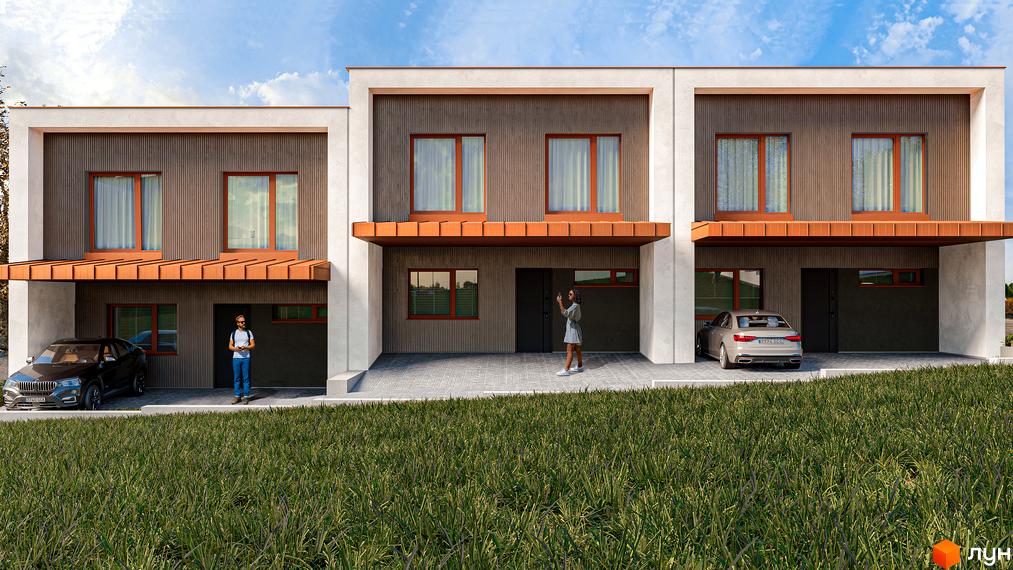 Зовнішній вигляд Котеджного містечка NaGori з двоповерховими будинками та припаркованими автомобілями. Зелений газон перед будинками.