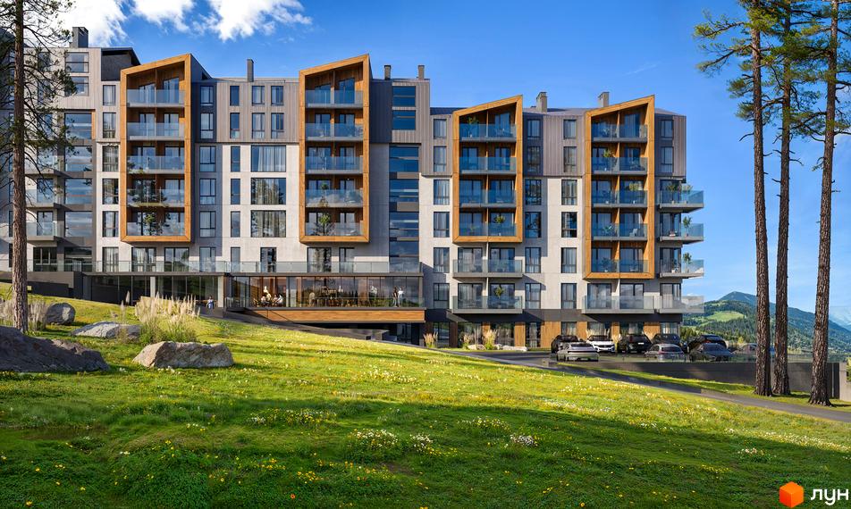 Житловий комплекс GRONO Family Residence з багатоповерховими будівлями та балконами, оточений зеленою галявиною з квітами та деревами.