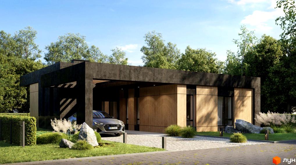 Зображення будинку в Котеджному містечку Рославичі. Одноповерховий будинок з пласким дахом та гаражем, прибудинкова територія з ландшафтним дизайном.