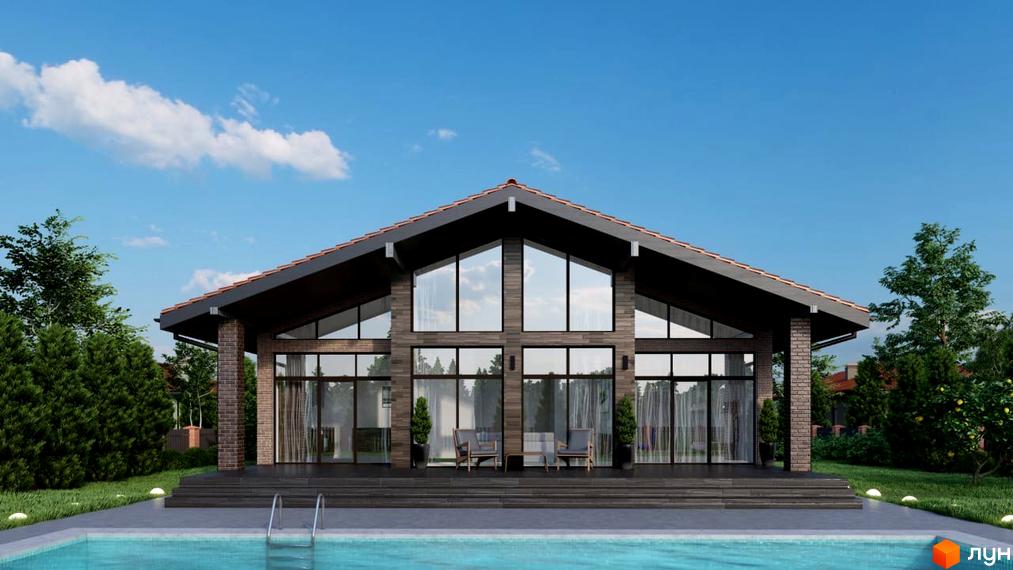 Зображення будинку з великими вікнами та басейном у Котеджному містечку Рославичі. Навколо будинку зелена територія з деревами.