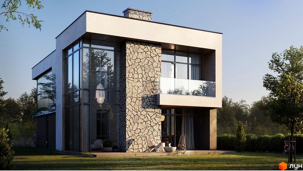 Зображення будинку в Котеджному містечку Рославичі. Двоповерховий будинок з великими вікнами та кам'яною обробкою, газон перед будинком.