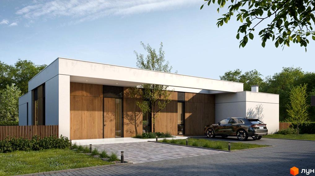 Зображення будинку в Котеджному містечку Рославичі. Одноповерхова будівля з дерев'яним оздобленням та великими вікнами, поруч припаркований автомобіль.