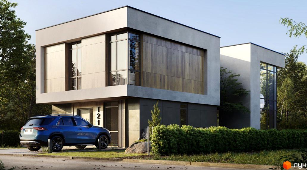 Зображення двоповерхового будинку в Котеджному містечку Рославичі. На передньому плані синій автомобіль, поруч зелений газон та кущі.