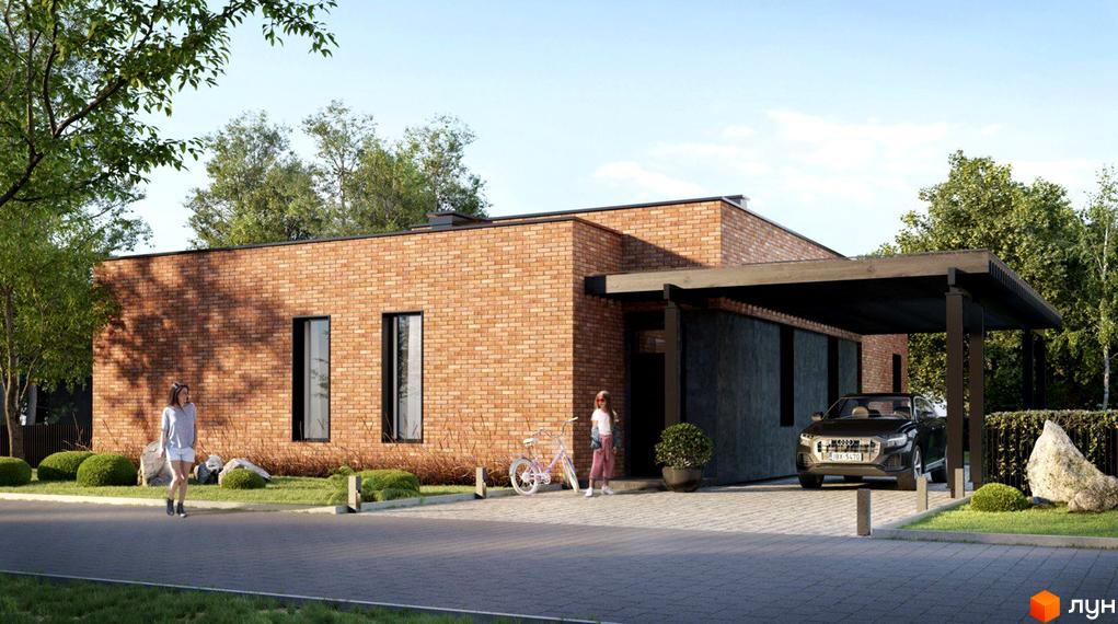 Зображення будинку в Котеджному містечку Рославичі. Цегляний будинок з великими вікнами та навісом для автомобіля, поруч з будинком велосипед та пішоходи.