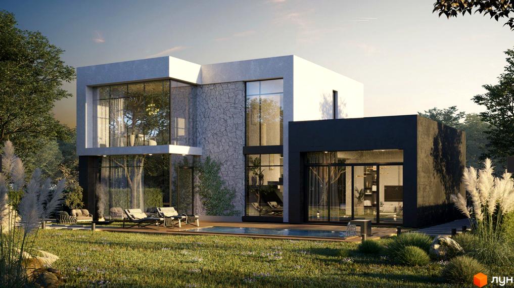 Зображення будинку в Котеджному містечку Рославичі. Двоповерховий будинок з великими вікнами та басейном на прибудинковій території.