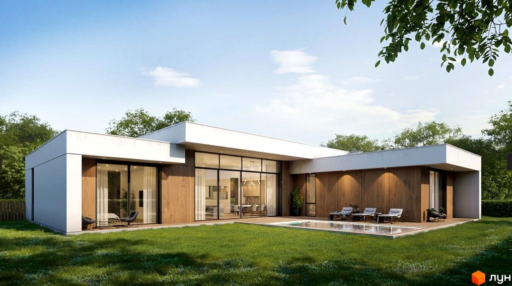 Зображення будинку в Котеджному містечку Рославичі з великими вікнами та зоною відпочинку. Навколо будинку зелений газон та дерева.