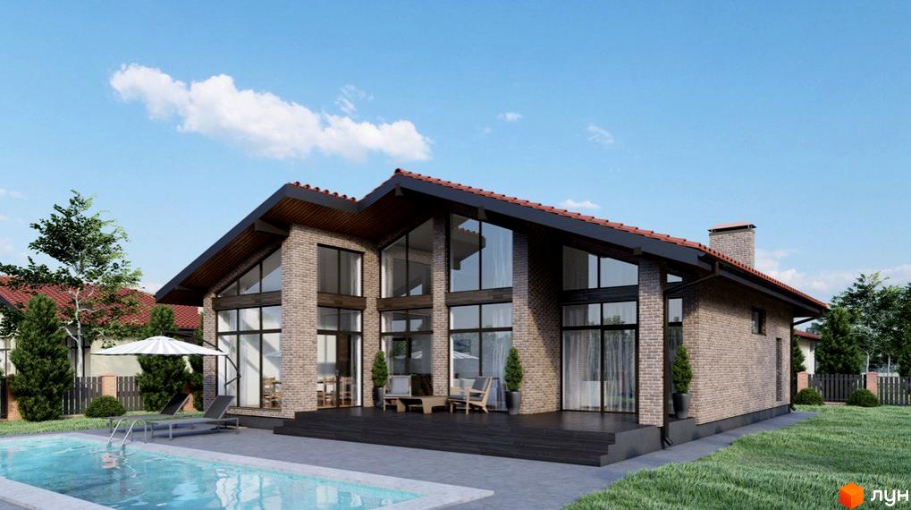 Зображення Котеджного містечка Рославичі: одноповерховий цегляний будинок з великими вікнами та терасою. На передньому плані басейн та зелений газон.