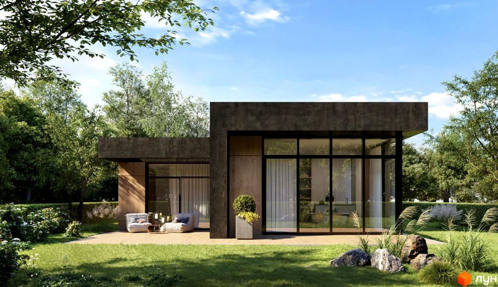 Зображення будинку в Котеджному містечку Рославичі. Одноповерхова будівля з великими вікнами та терасою, навколо зелений газон та дерева.